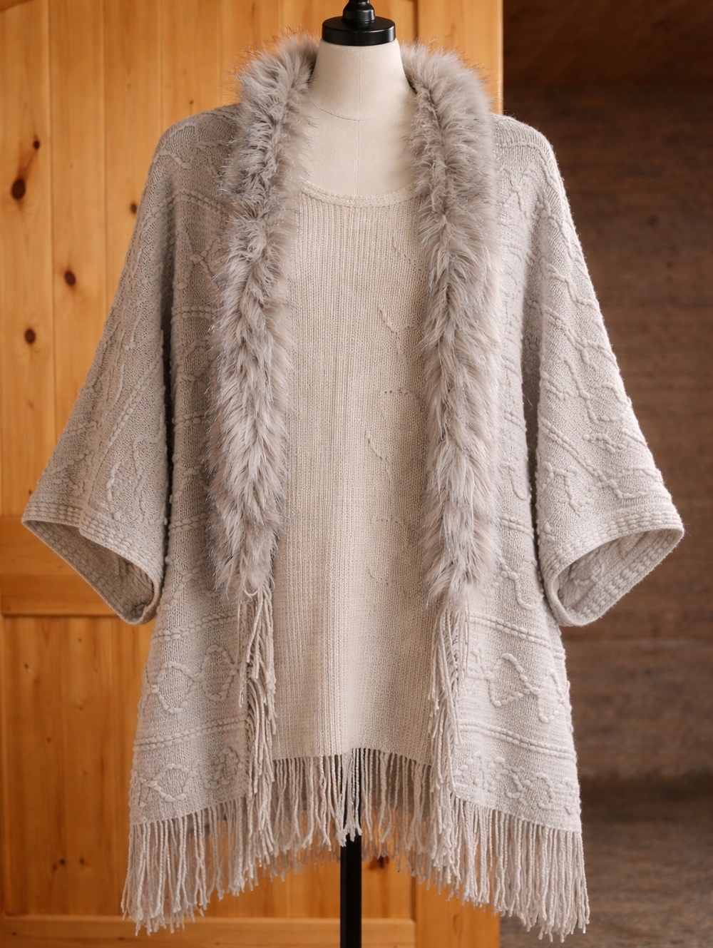 SHEIN Gray Poncho with Faux Fur Collar